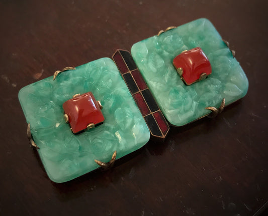 SOLD--Art Deco Glass and Enamel Brooch Brass, Germany c. 1930