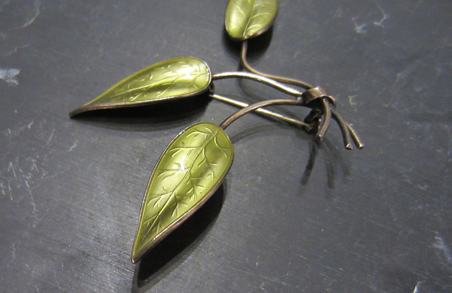 SOLD--Modernist Green Enamel Leaf Brooch Sterling, Norway by Ivar Holt c. 1950
