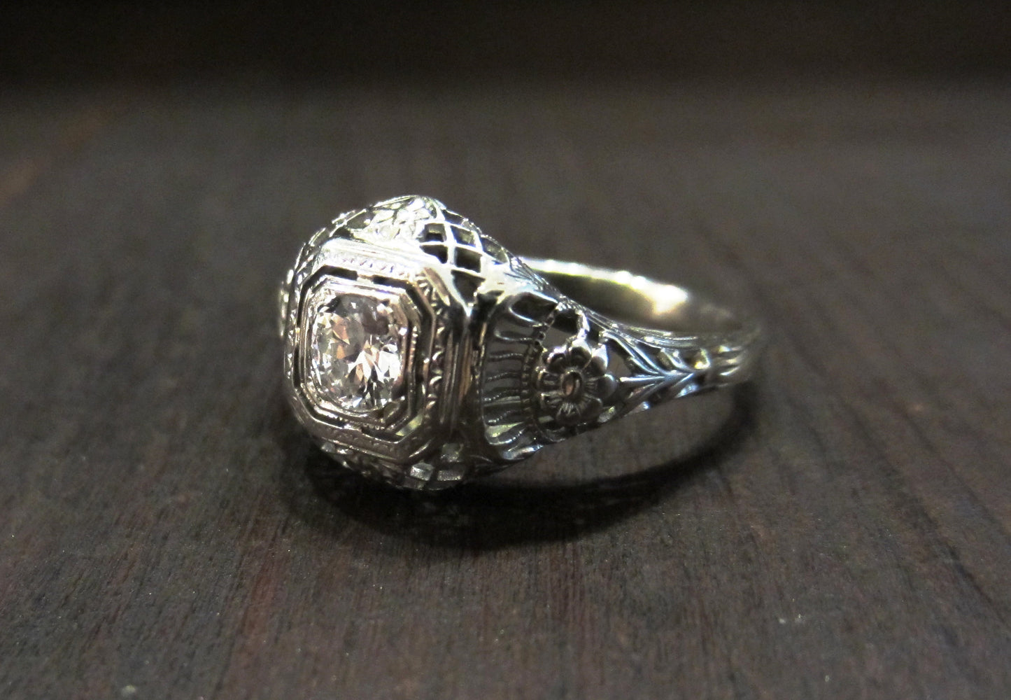 SOLD--Art Deco Old European .30ct Diamond Filigree Engagement Ring 18k c. 1920