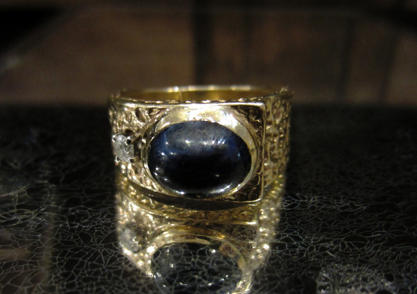 SOLD--Mid-Century Modernist Cabochon Sapphire and Diamond Ring 14k c. 1970