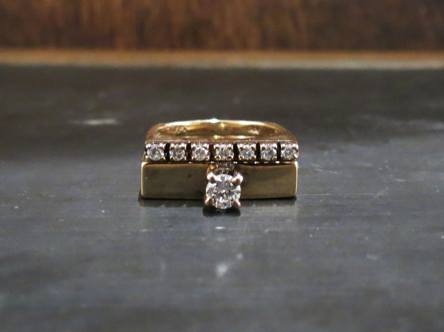 SOLD--Modernist Diamond Wedding Set 14k (2 Rings) c. 1970