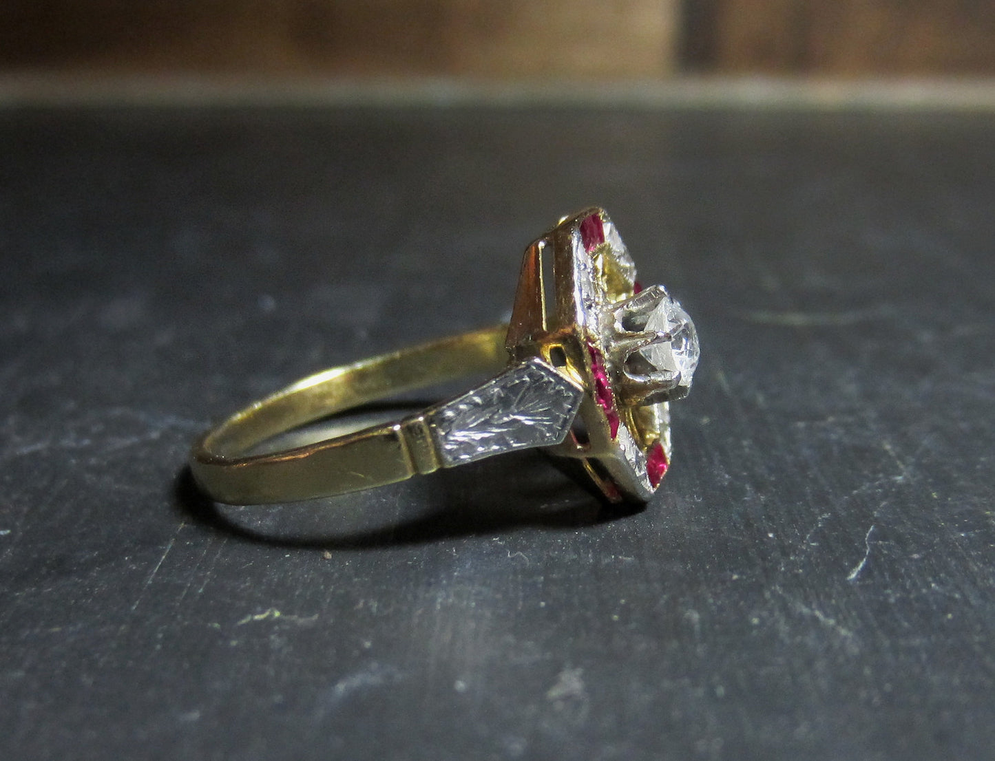 SOLD--Art Deco Diamond and Ruby Frame Ring 14k c. 1920