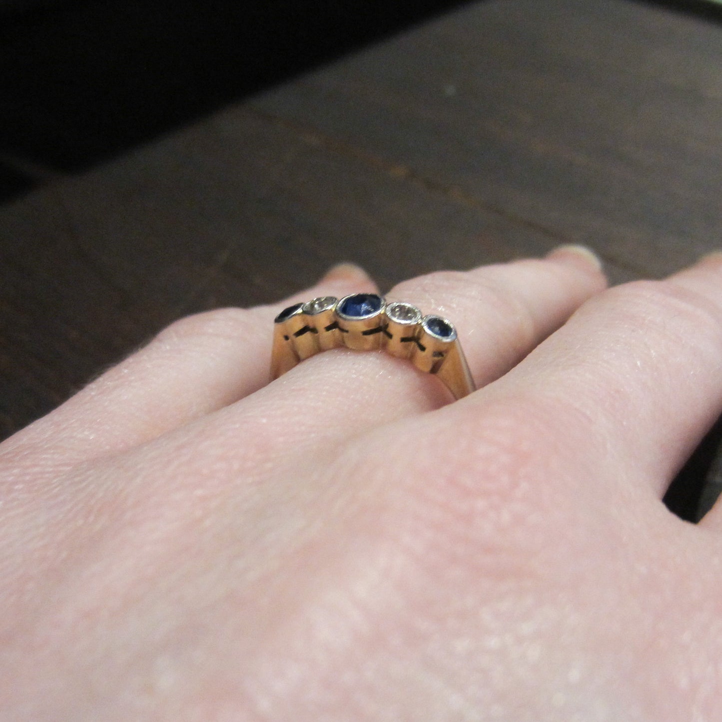 SOLD--Edwardian Bezel Set Sapphire and Old European Diamond Band Platinum/18k c. 1915