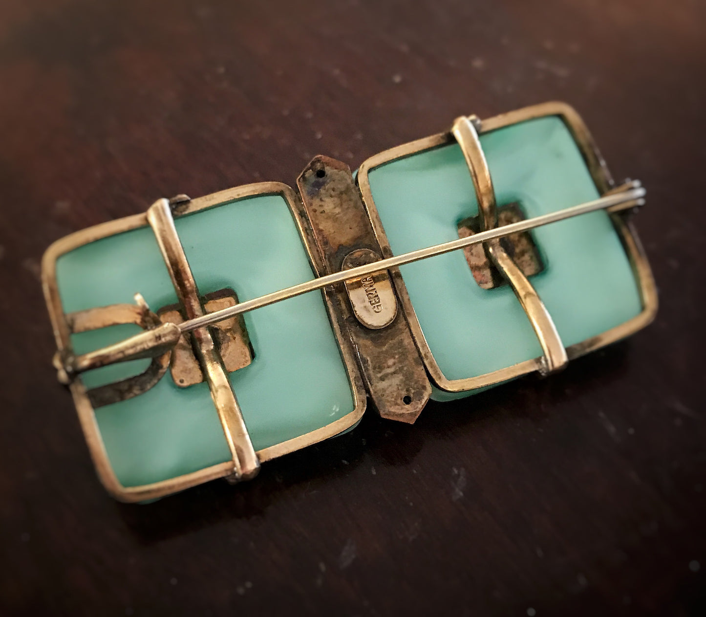 SOLD--Art Deco Glass and Enamel Brooch Brass, Germany c. 1930