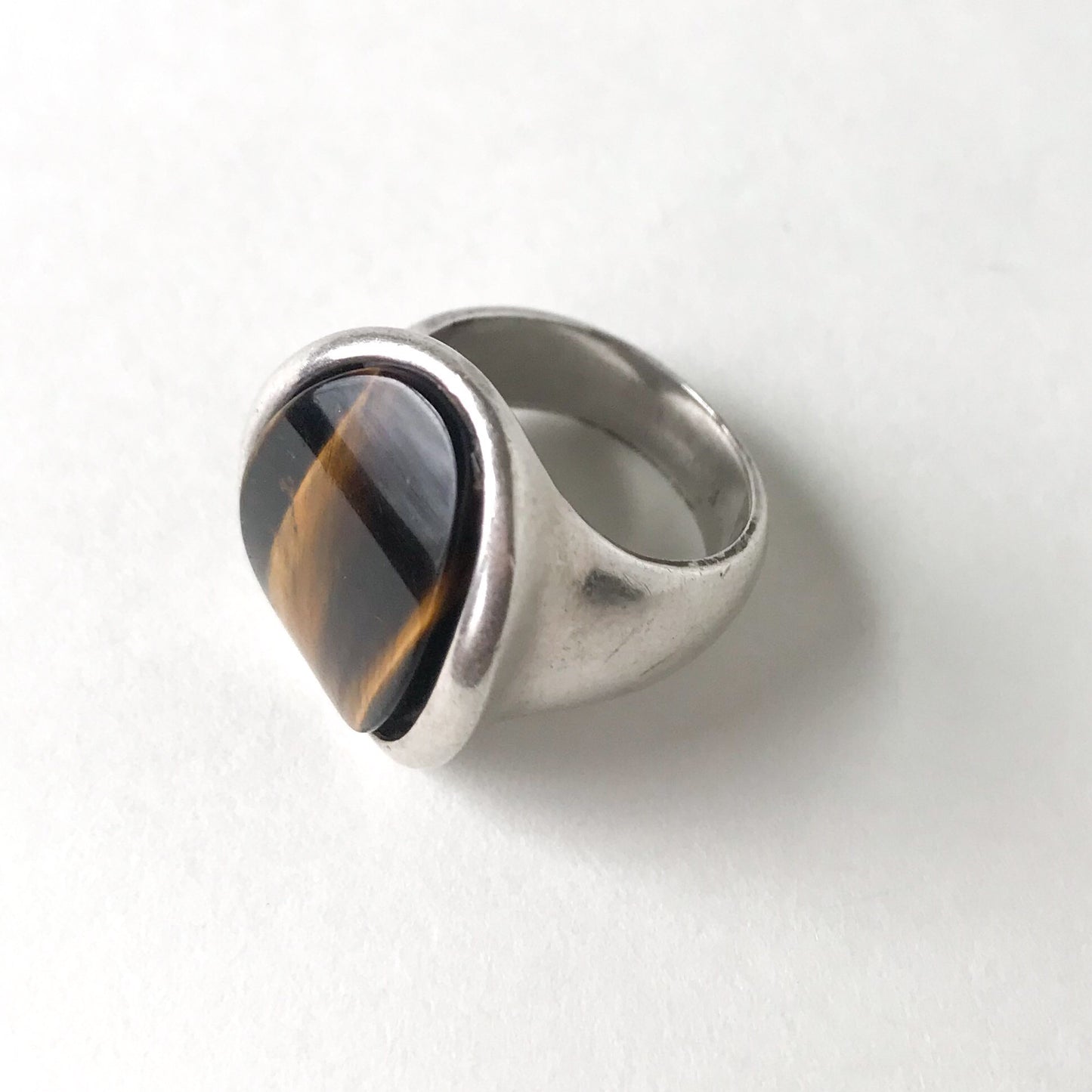 SOLD--Modernist Tigers Eye Signet Ring Sterling c. 1970
