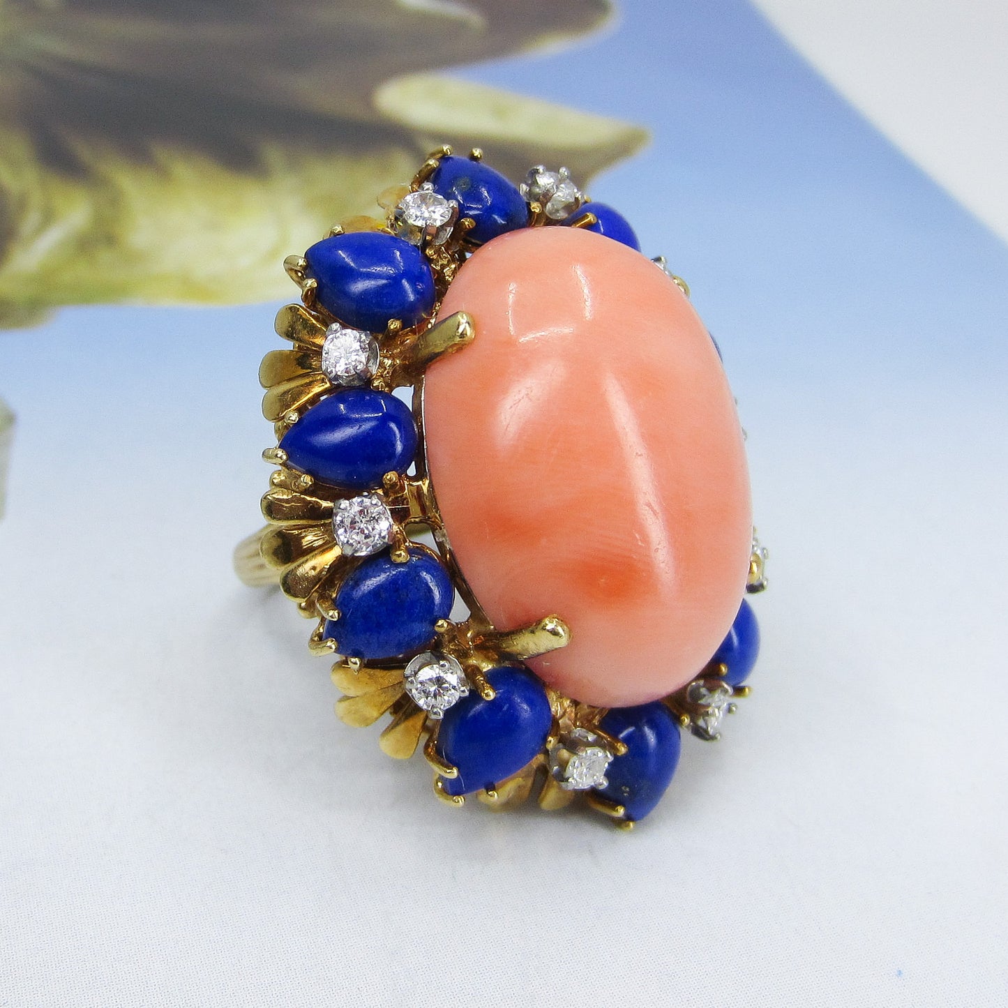 SOLD--MASSIVE Mid-Century Coral, Lapis and Diamond Ring 18k c. 1960