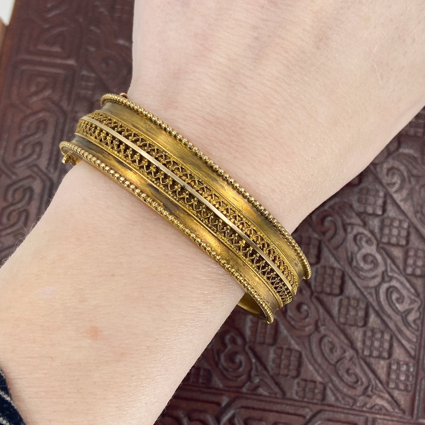 SOLD- Victorian Etruscan Revival Hinged Bangle Gold-fill c. 1880
