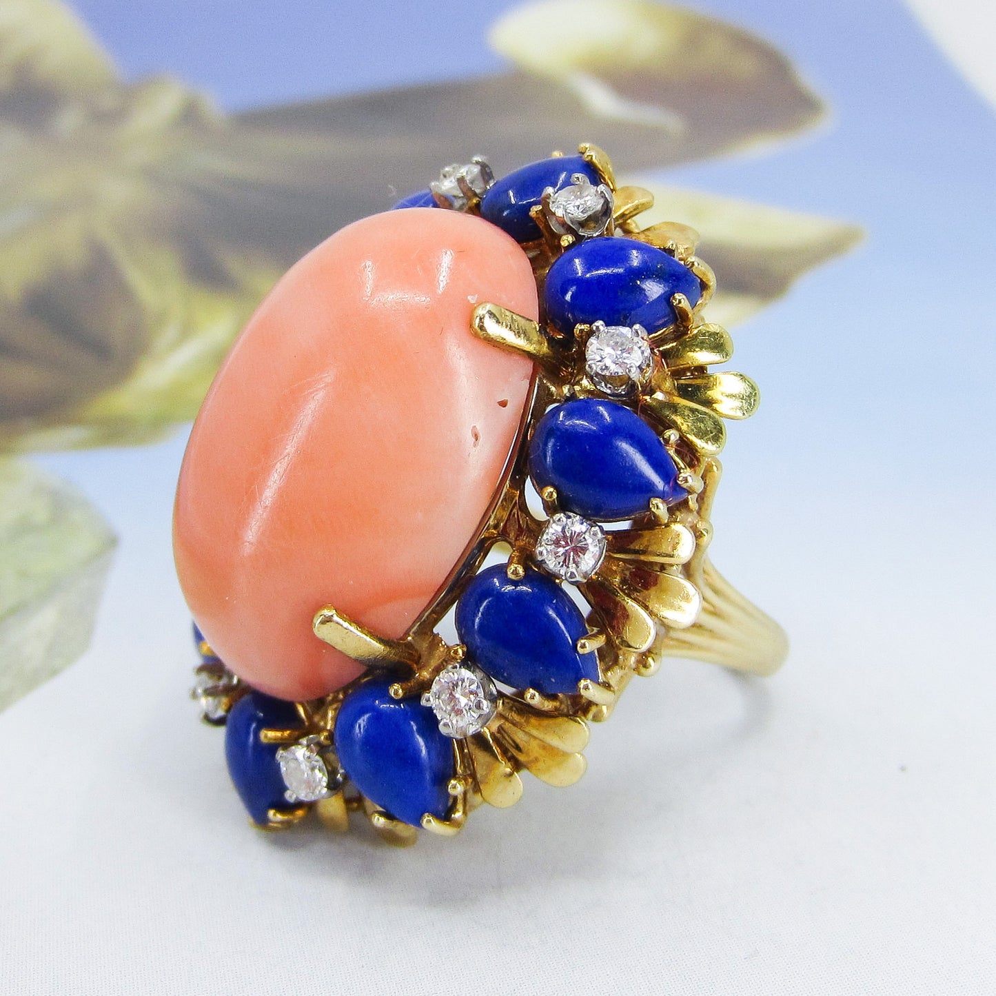 SOLD--MASSIVE Mid-Century Coral, Lapis and Diamond Ring 18k c. 1960