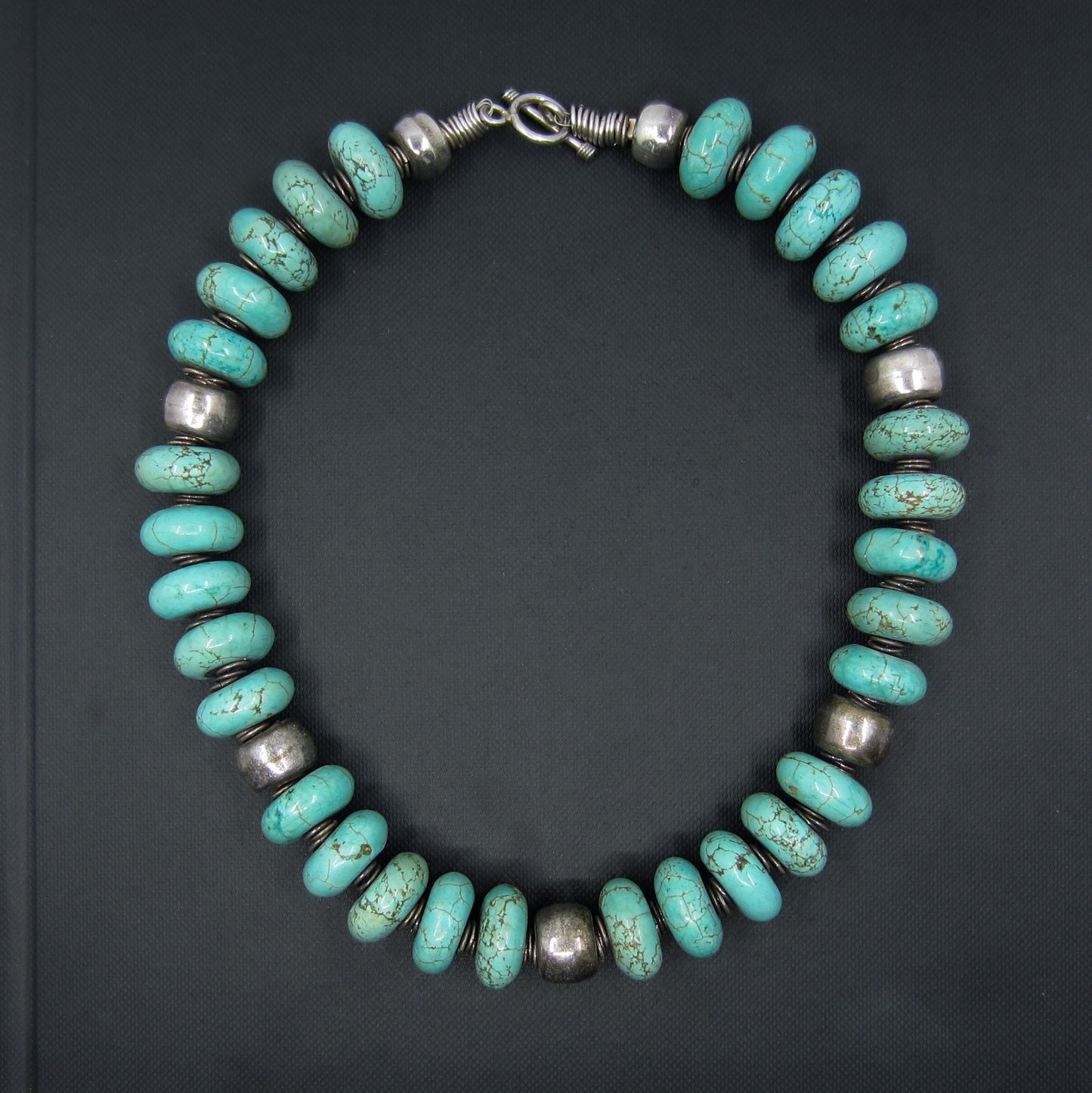 Vintage Chunky Turquoise Bead Necklace Sterling c 1980