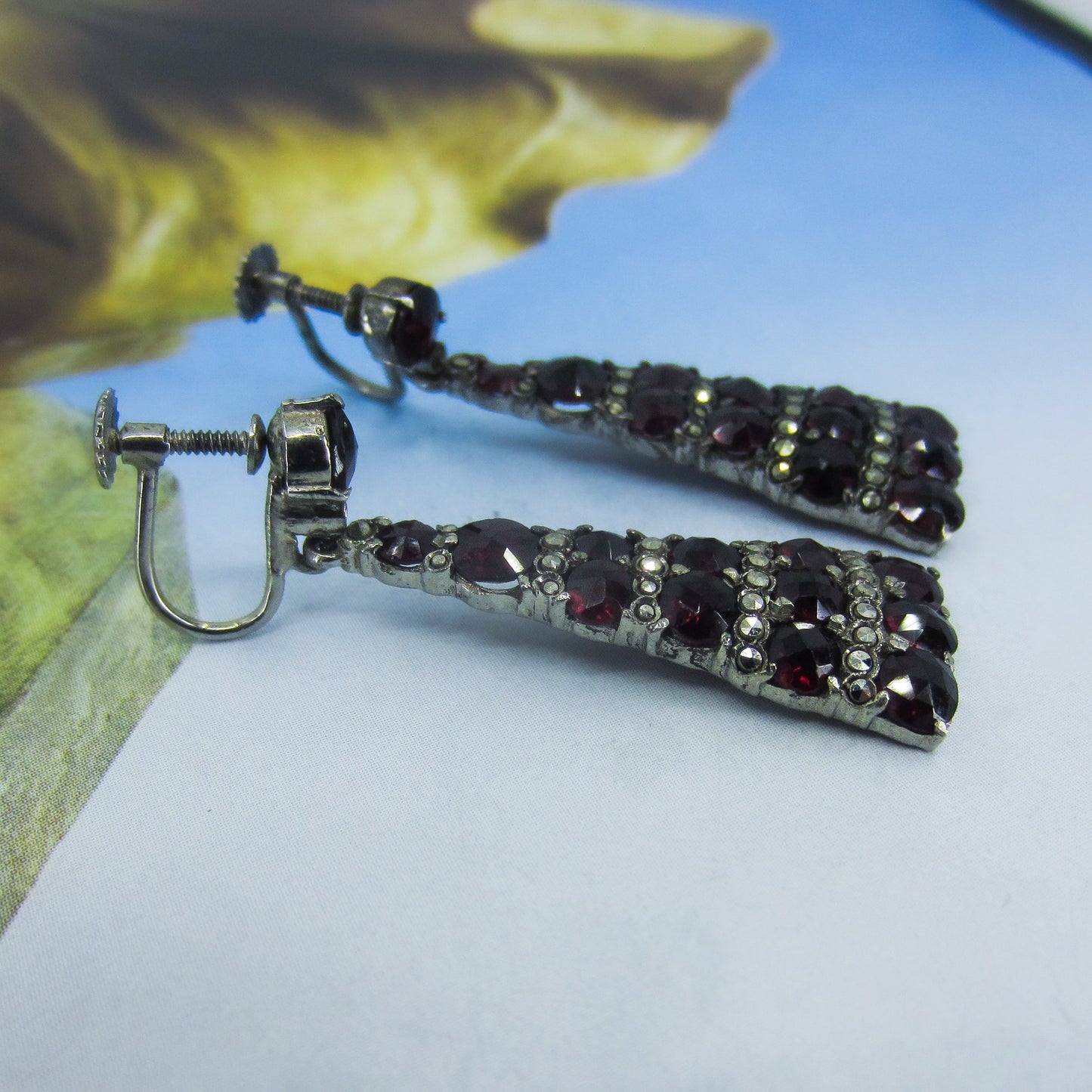 SOLD-Art Deco Marcasite and Bohemian Garnet Drop Earrings 935 Silver, Germany c. 1930