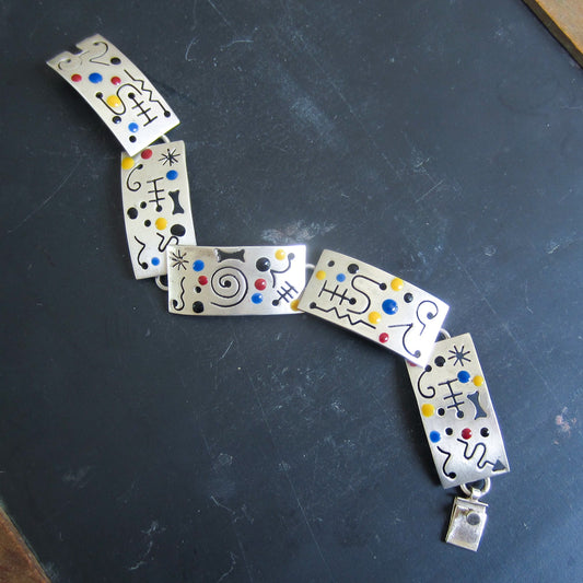 SOLD--Post-Modern Memphis Enamel Bracelet Sterling, Mexico c. 1980