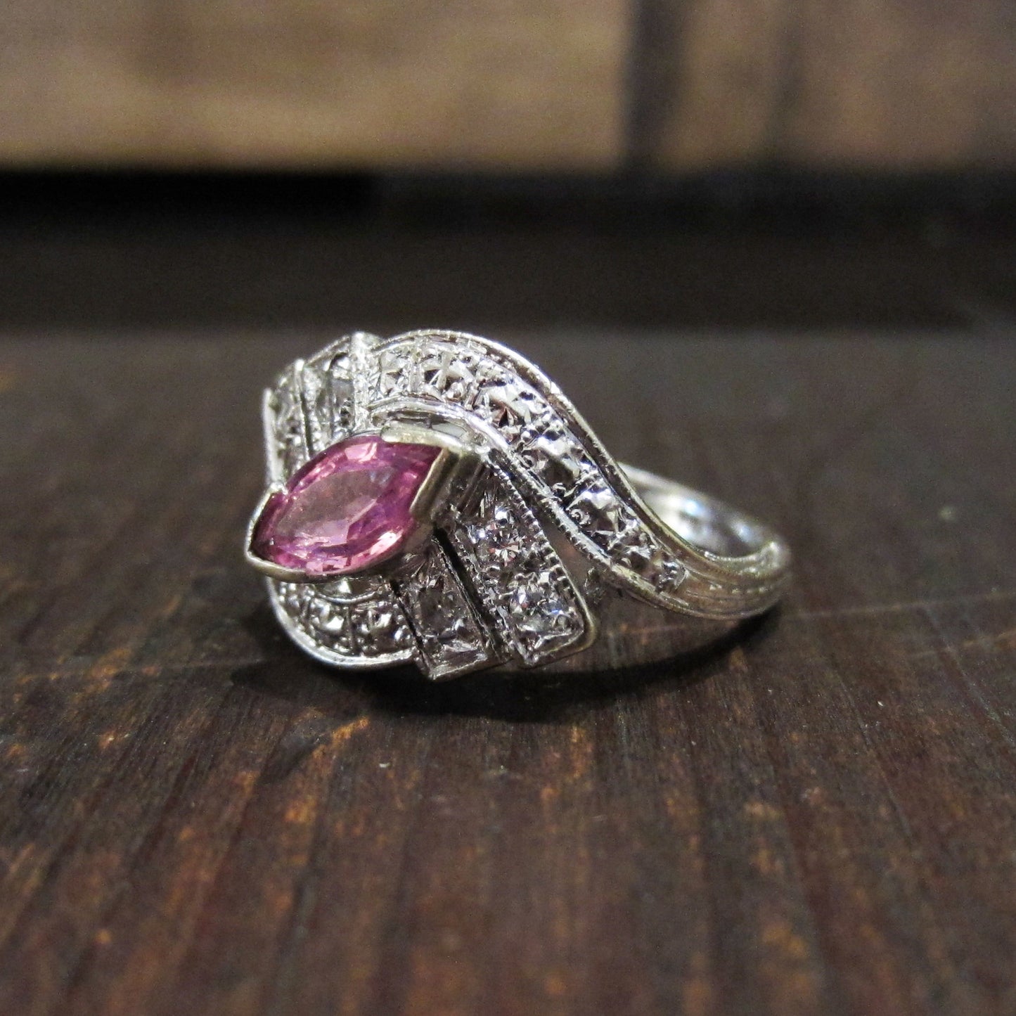 Art Deco Pink Sapphire and Diamond Ring 14k c. 1940