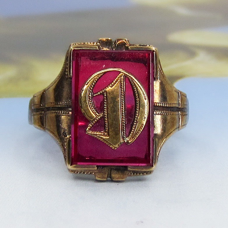 Art Déco Synthetic Ruby “D” Initial Signet Ring 10k c. 1920