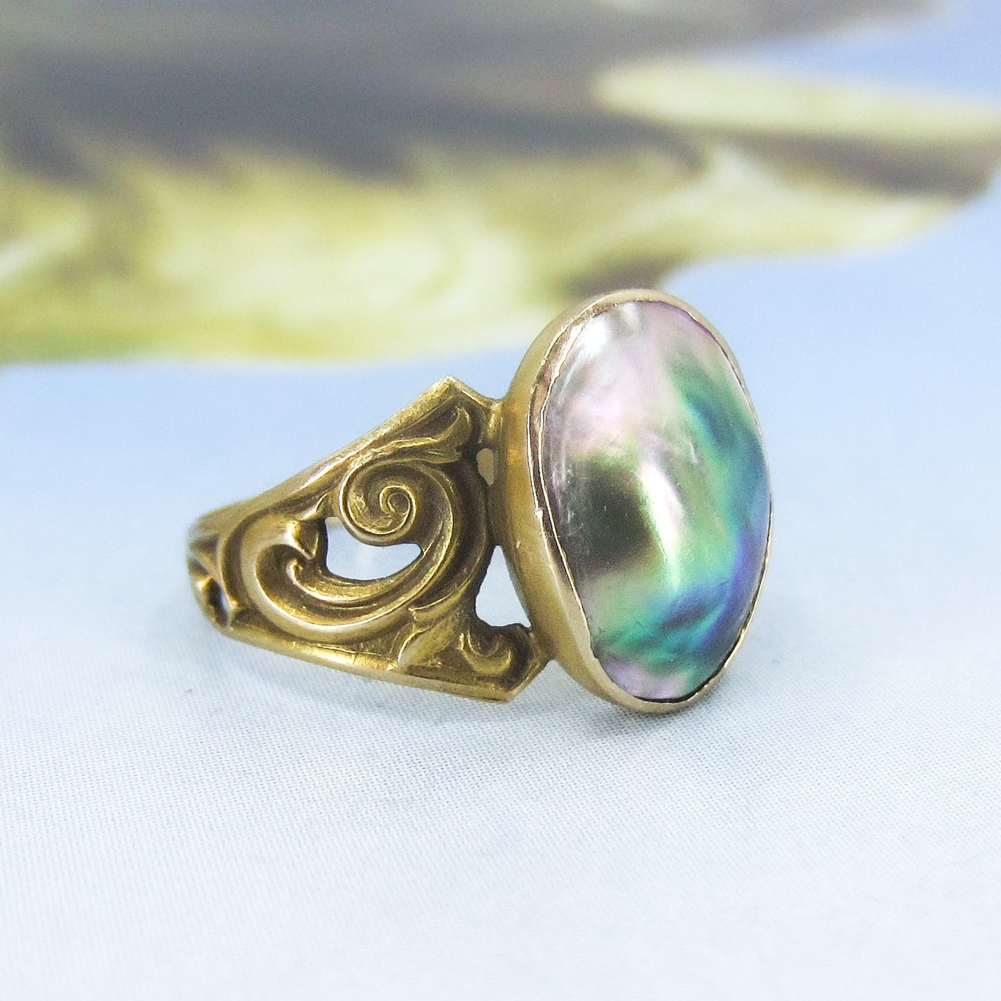 SOLD--Art Nouveau Mother of Pearl Ring 10k c. 1890