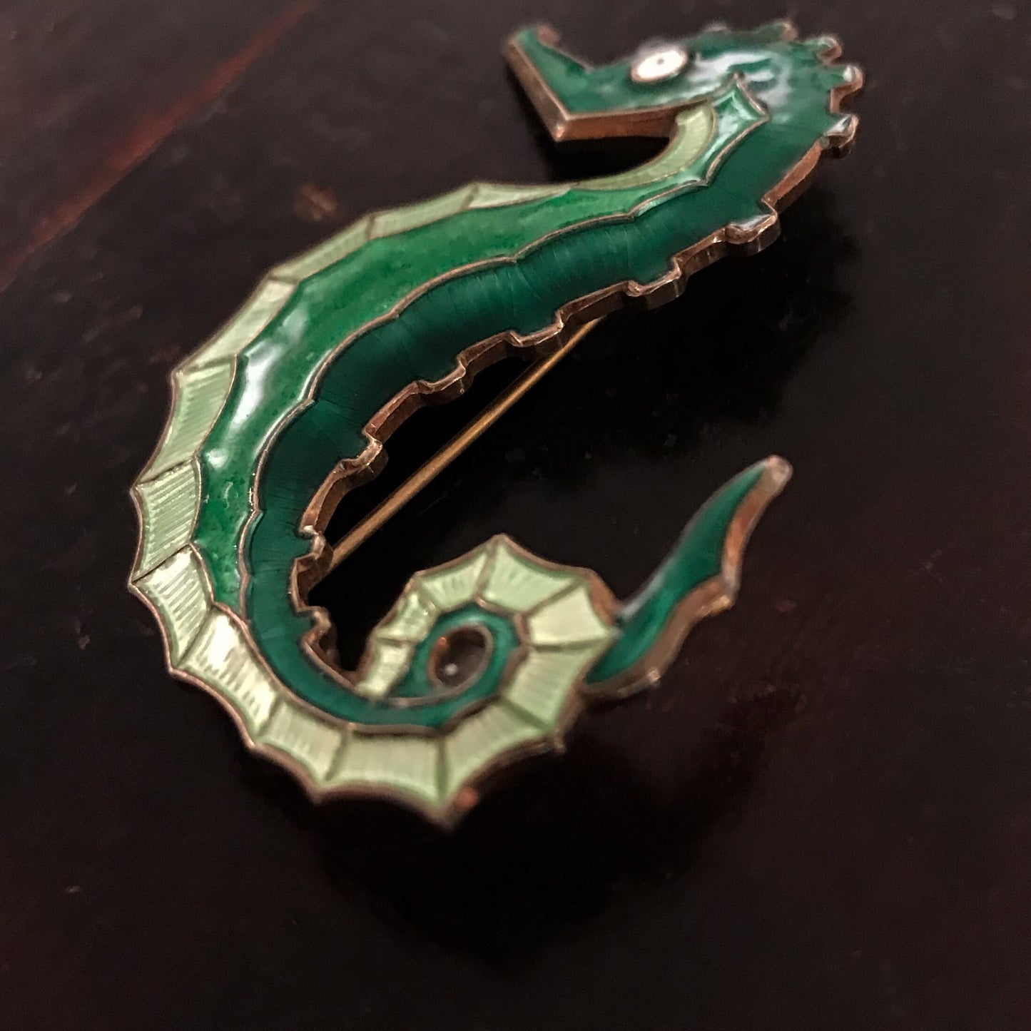 SOLD--Mid-Century Enamel Seahorse Brooch Sterling, David Andersen c. 1960