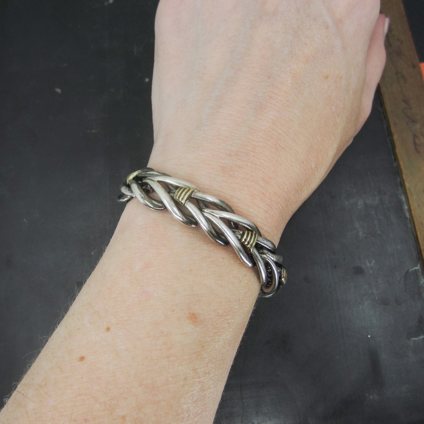 SOLD--Vintage Chevron Link Bracelet Sterling/18k, French, Christofle c. 1970