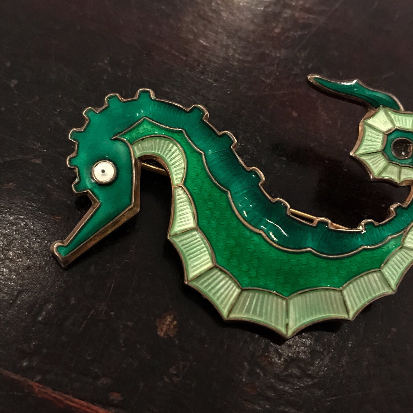 SOLD--Mid-Century Enamel Seahorse Brooch Sterling, David Andersen c. 1960
