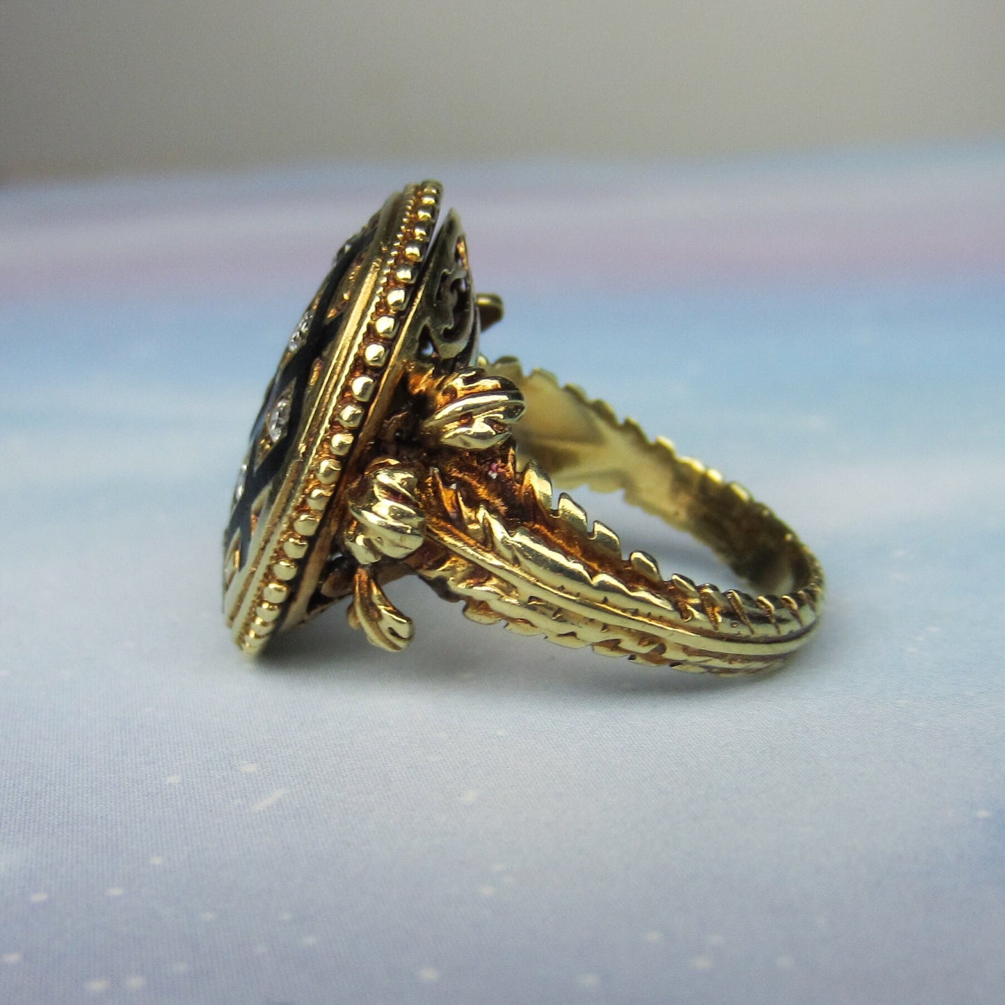 SOLD--Fantastic 1940's Victorian Revival Diamond Enamel Ring 14k