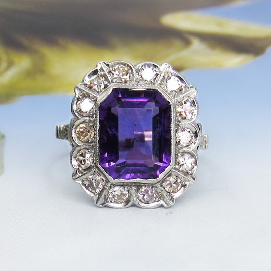 SOLD--Vintage Amethyst and Diamond Cluster Ring Platinum c. 1940