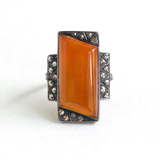 Art Deco Long Carnelian and Marcasite Ring Sterling c. 1930