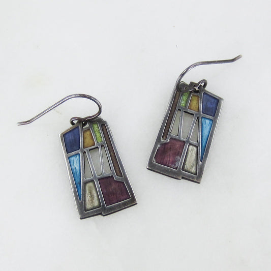SOLD--Post-Modern Enamel Drop Earrings Sterling, Carly Wright