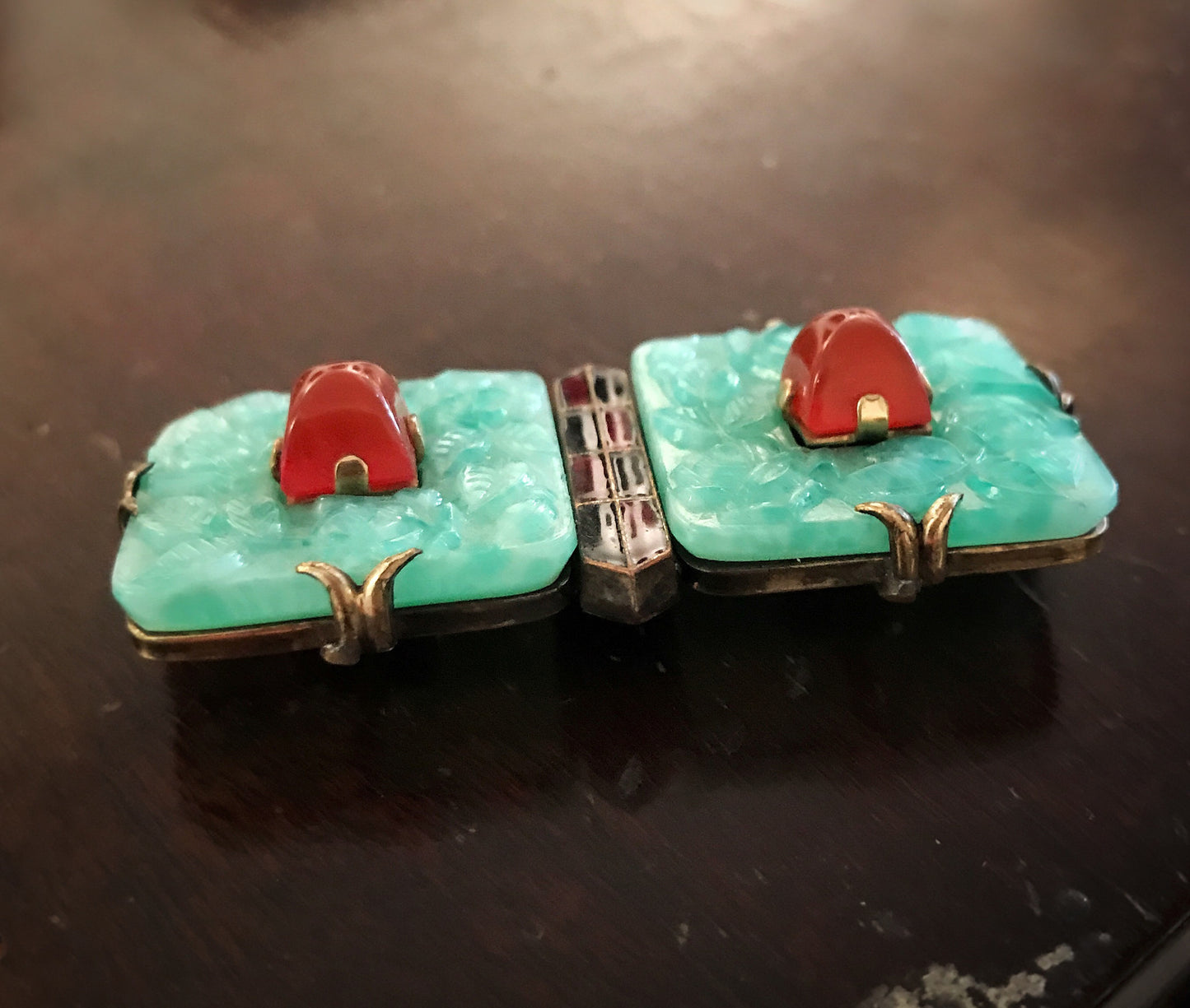 SOLD--Art Deco Glass and Enamel Brooch Brass, Germany c. 1930