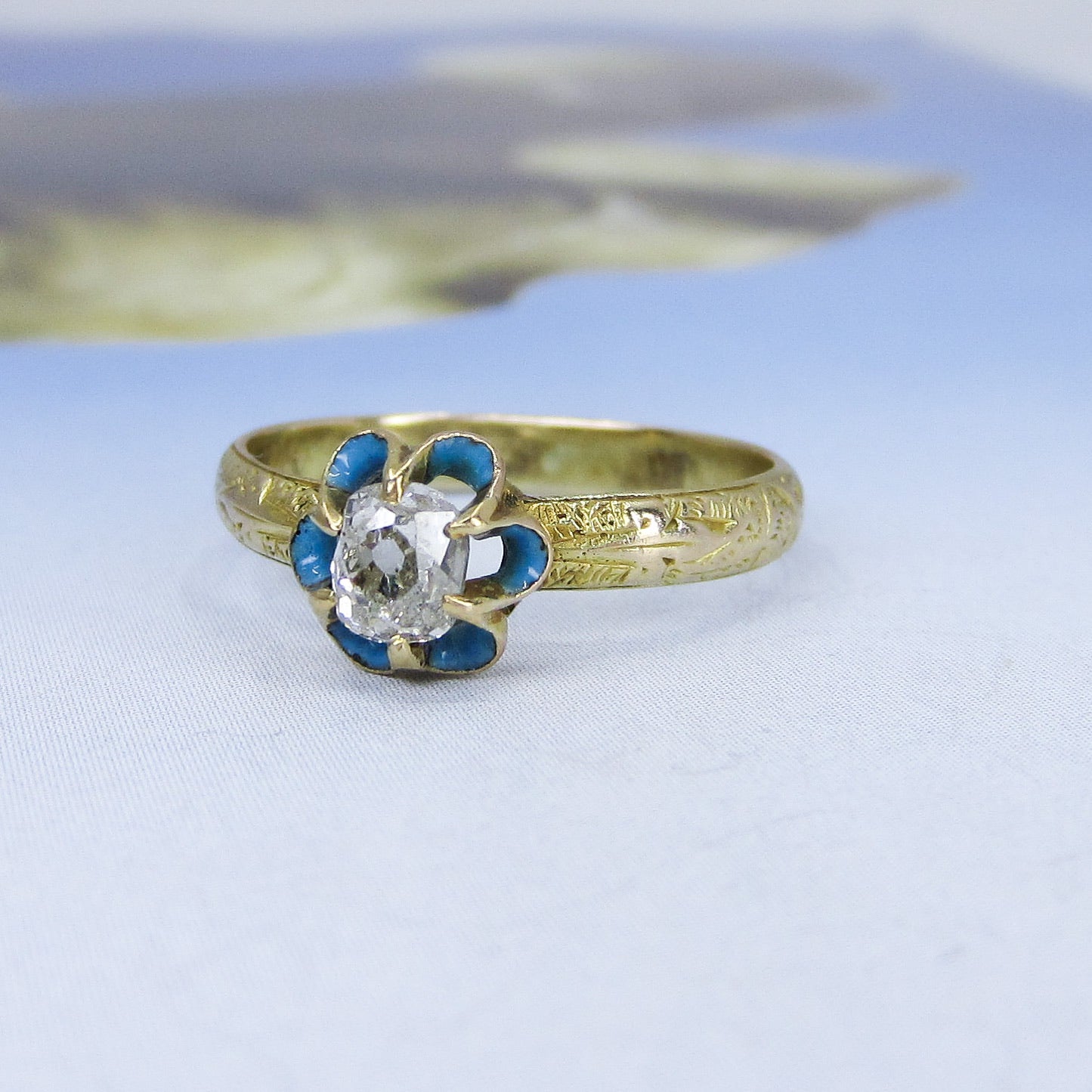 SOLD-Victorian Old Mine Diamond and Enamel Engraved Band Ring 14k c. 1840