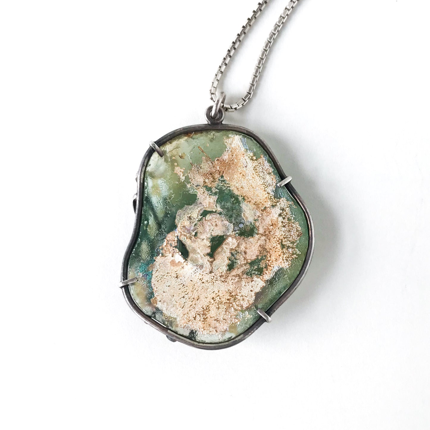 Vintage Studio Iridescent Enamel Sea Glass Pendant Sterling c. 1990