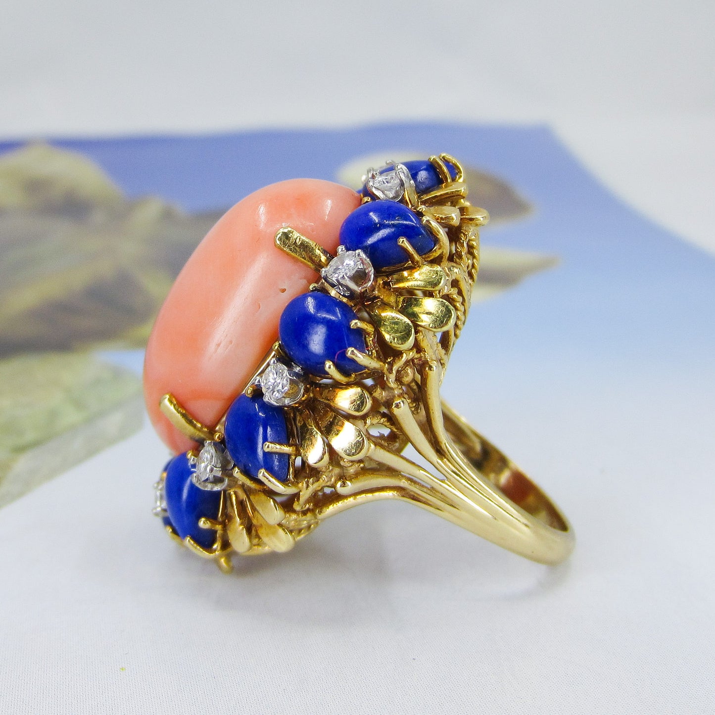 SOLD--MASSIVE Mid-Century Coral, Lapis and Diamond Ring 18k c. 1960