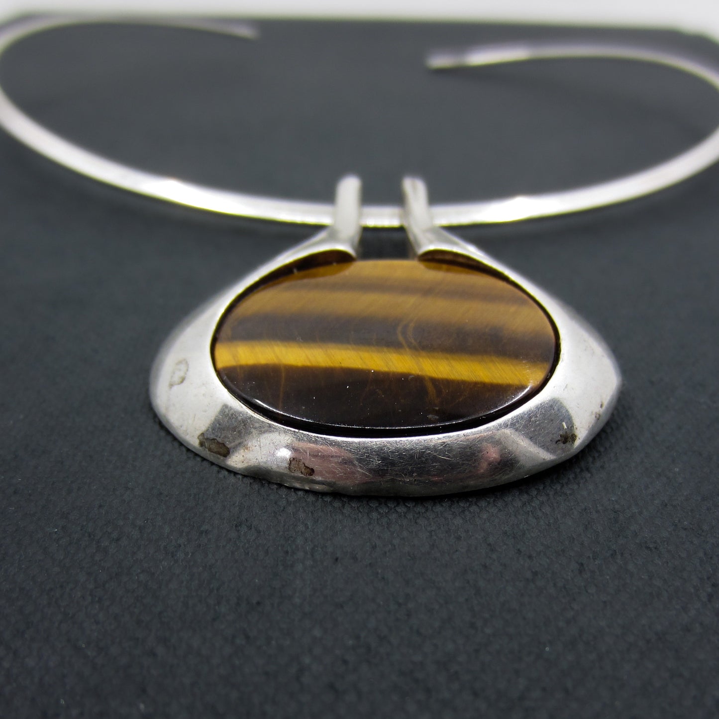 Modernist Tiger’s Eye Pendant Torque Necklace Silver c. 1970