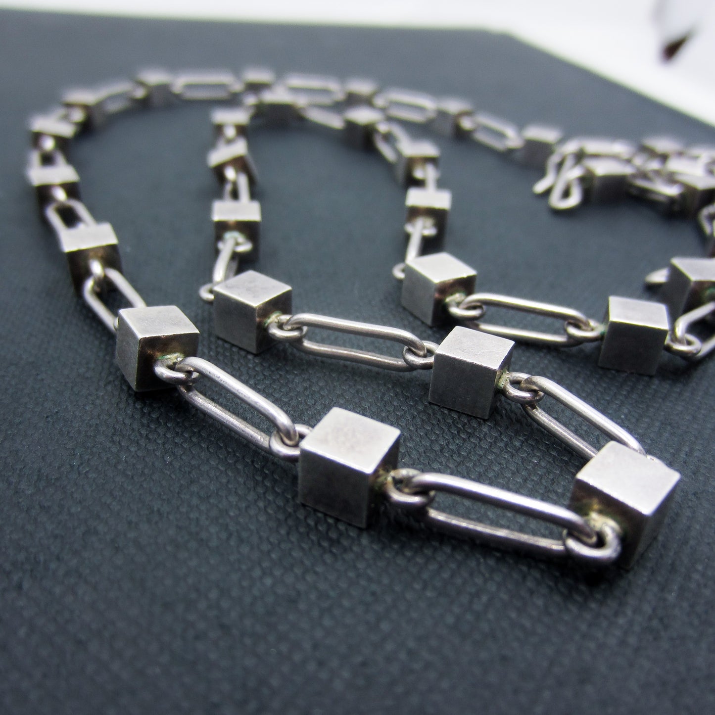 SOLD-Long Modernist Cube Chain Sterling, Arne Johansen Denmark c. 1960