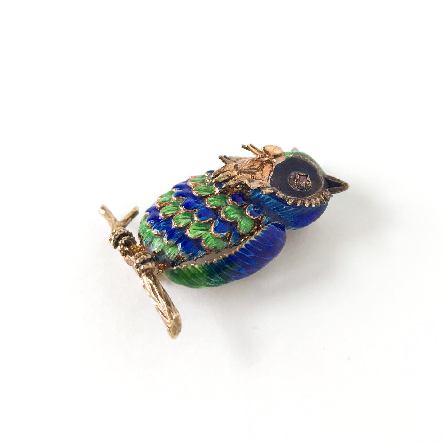 SOLD--Mid-Century Enamel and Ruby Owl Brooch 14k c. 1960