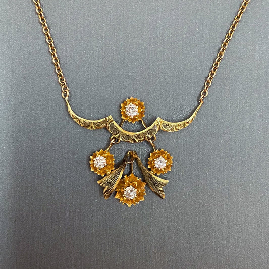 Edwardian Diamond Flower Necklace 14k c. 1910