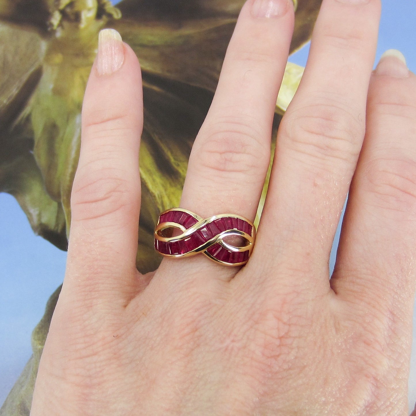 SOLD--Vintage 90’s Ruby Baguette Infinity Ring 14k c. 1995