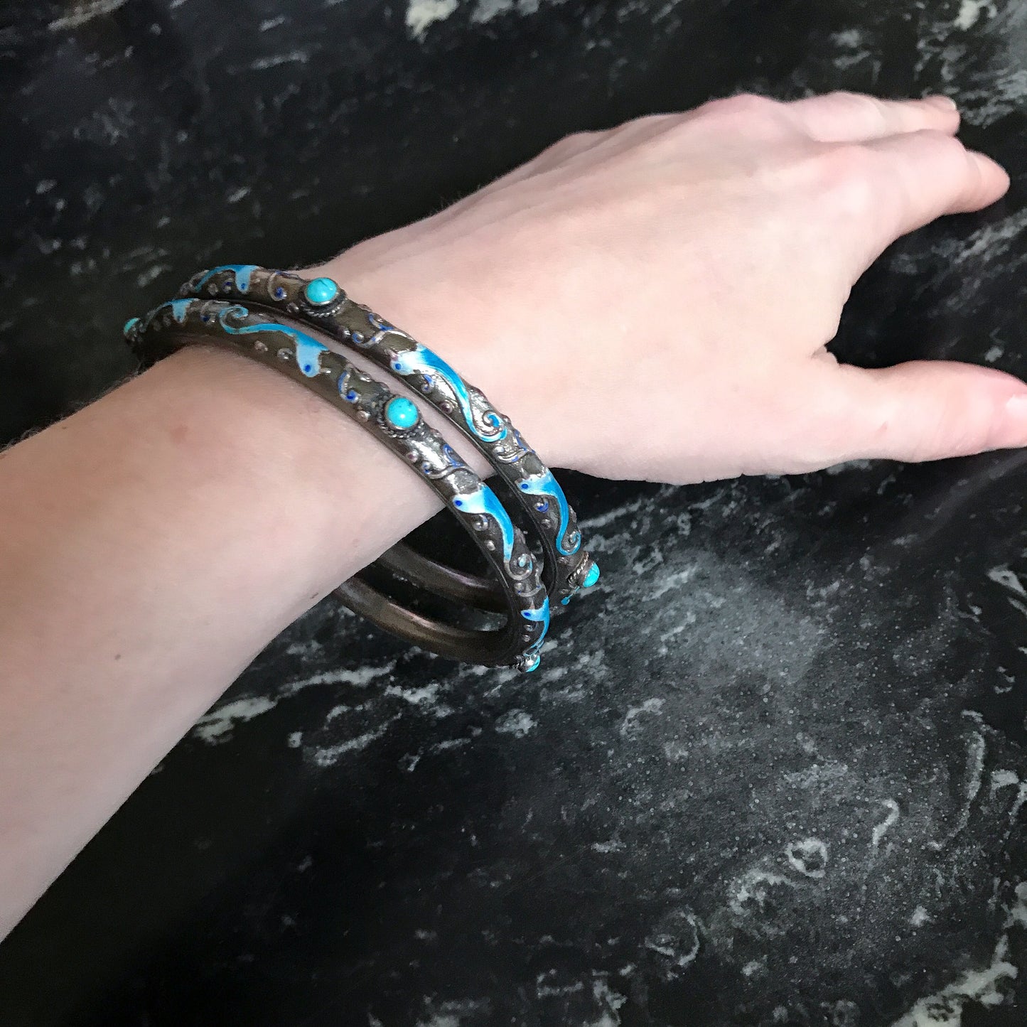Art Deco Pair of Chinese Enamel and Turquoise Wedding Bracelets Silver c. 1920