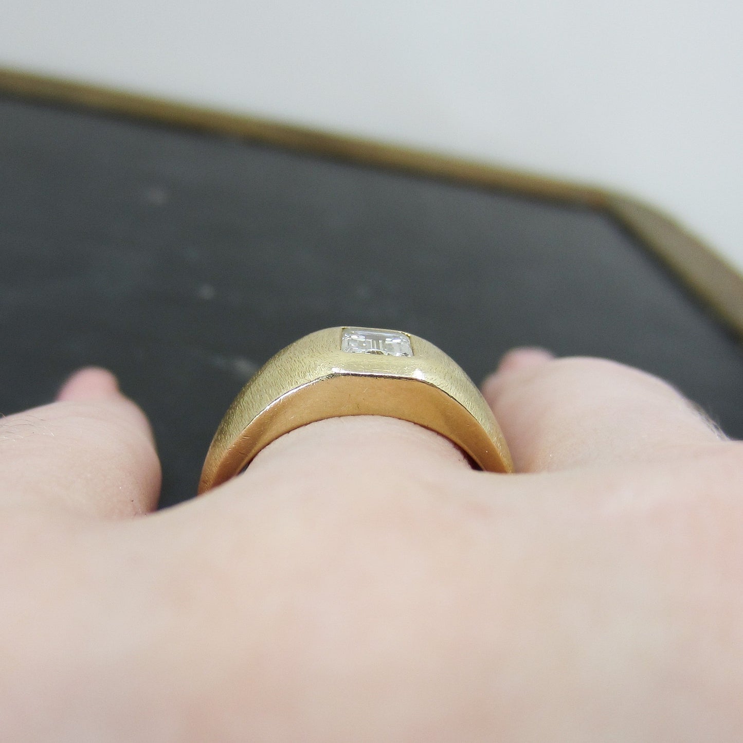 SOLD-Vintage Emerald Cut Diamond .83ct Signet Ring 14k c. 1970