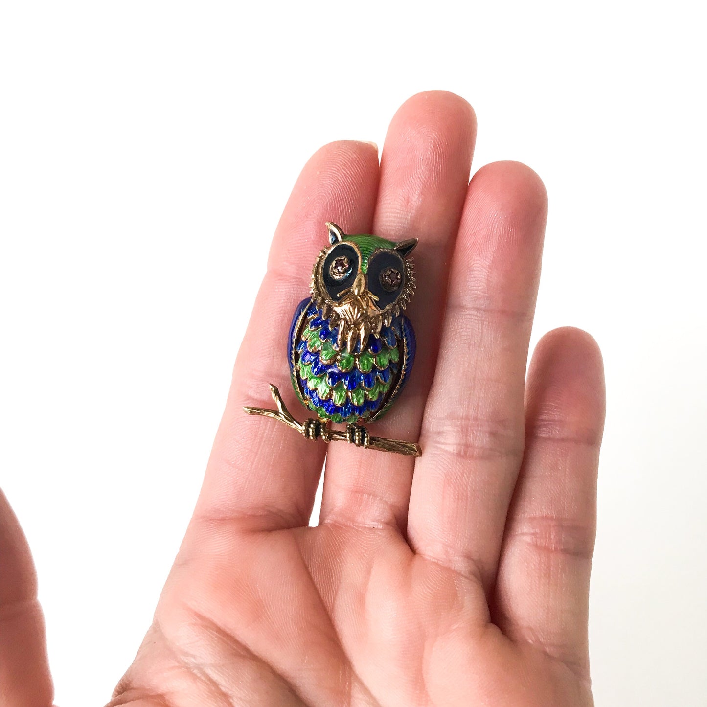 SOLD--Mid-Century Enamel and Ruby Owl Brooch 14k c. 1960