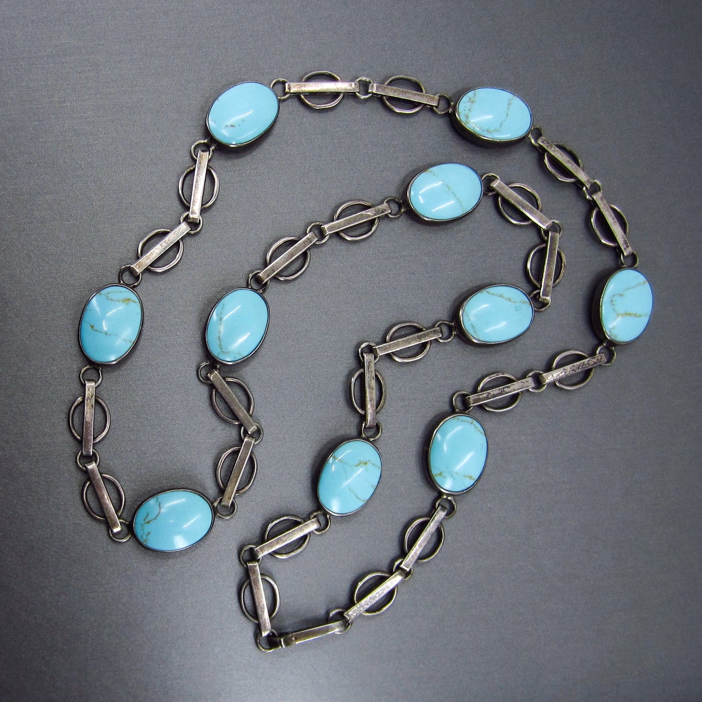 Vintage Fancy Link Turquoise Station Necklace Sterling c. 1970