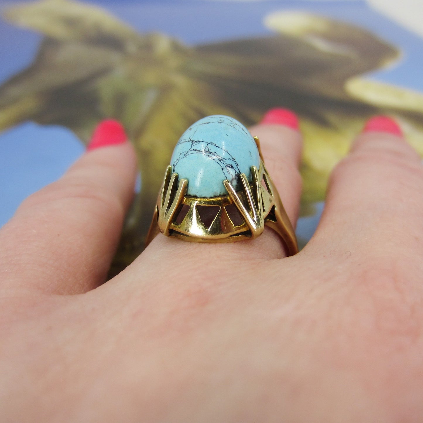 Vintage Egyptian Revival Turquoise Ring 14k c. 1970