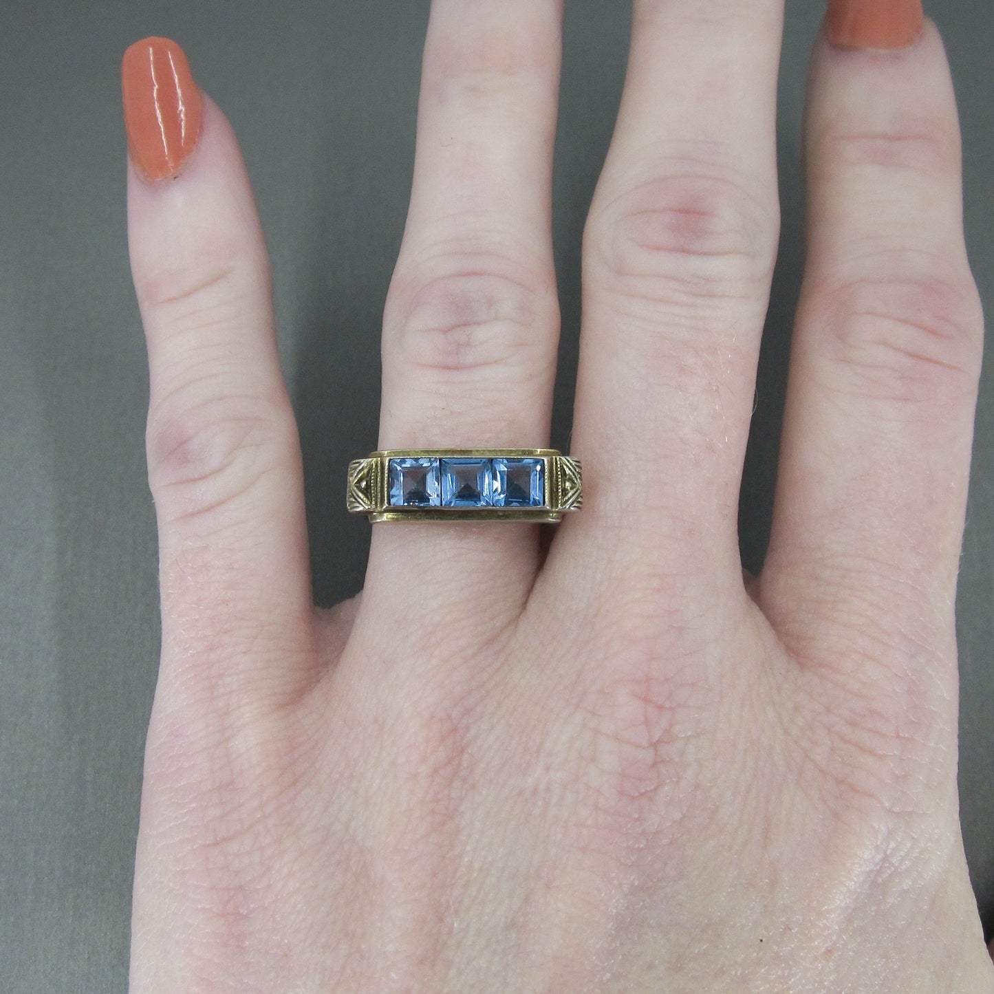 SOLD-Art Deco Square Cut Synthetic Spinel Ring Gilt 835 Silver c. 1930