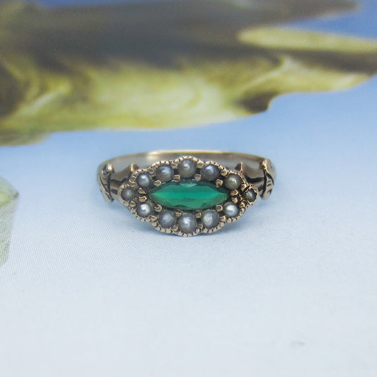 SOLD Victorian Green Glass and Seed Pearl Ring 14k c. 1880