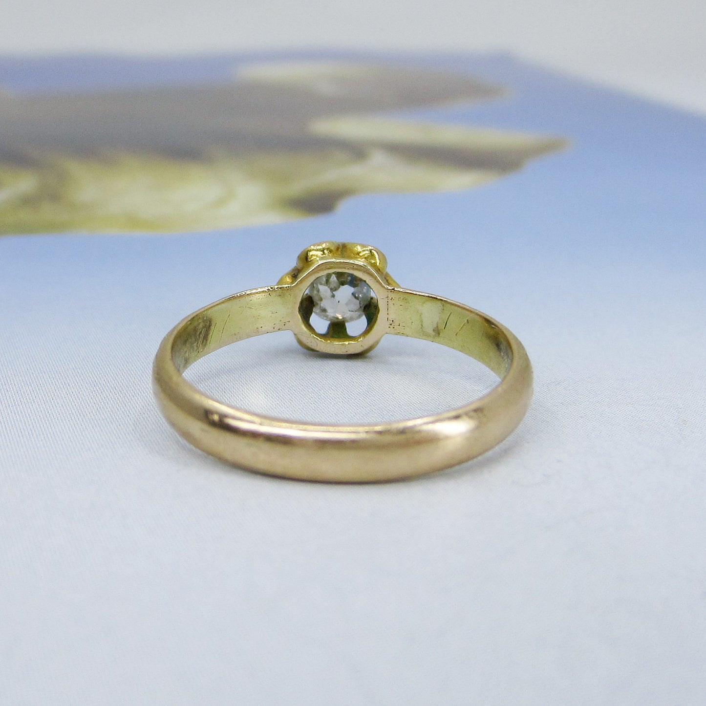 SOLD-Victorian Old Mine Diamond and Enamel Engraved Band Ring 14k c. 1840