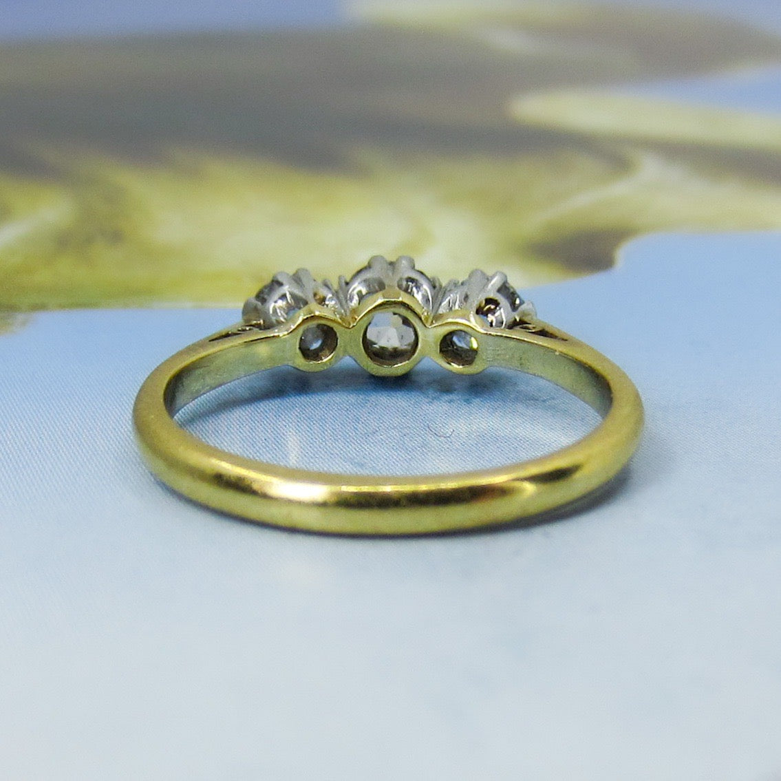 SOLD-Edwardian Three Old Mine Diamond Ring Platinum/18k c. 1910