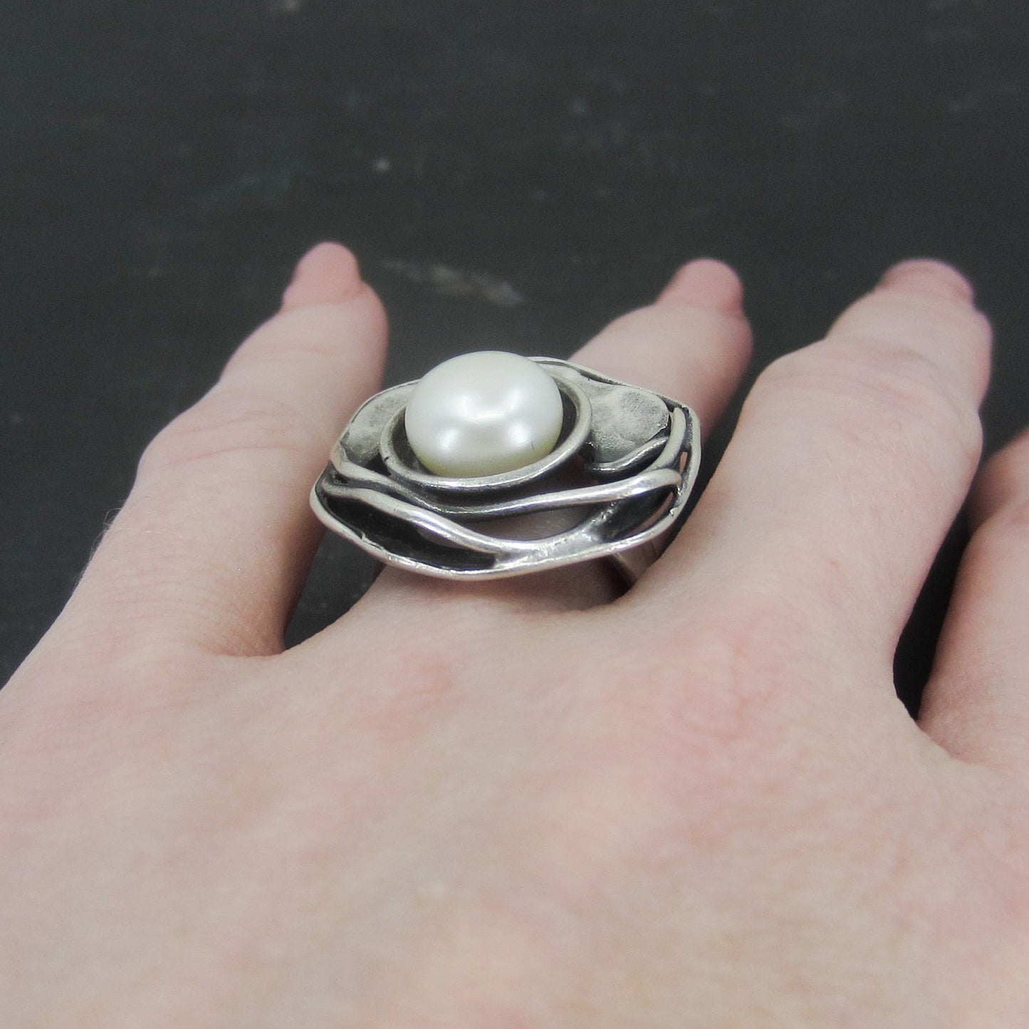 SOLD--Modernist Pearl Ring Sterling Silver c. 1970