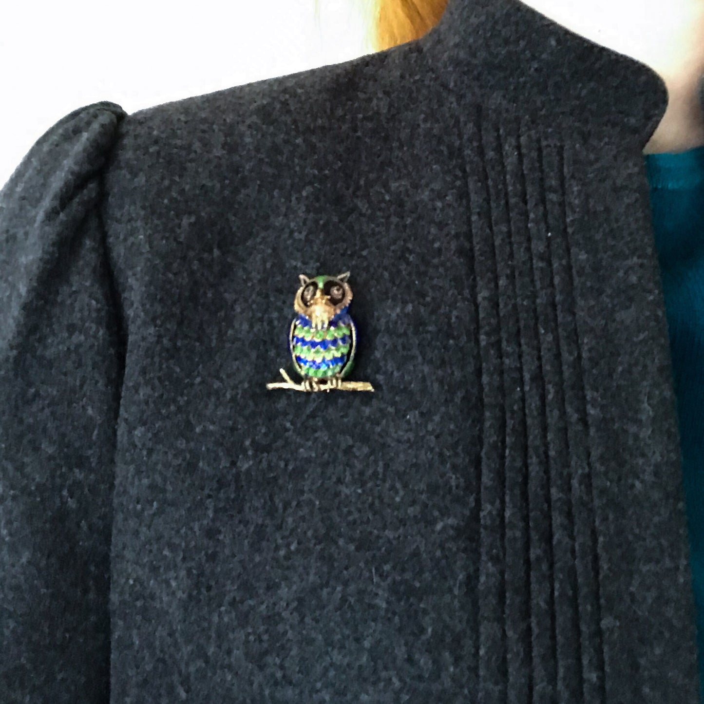 SOLD--Mid-Century Enamel and Ruby Owl Brooch 14k c. 1960