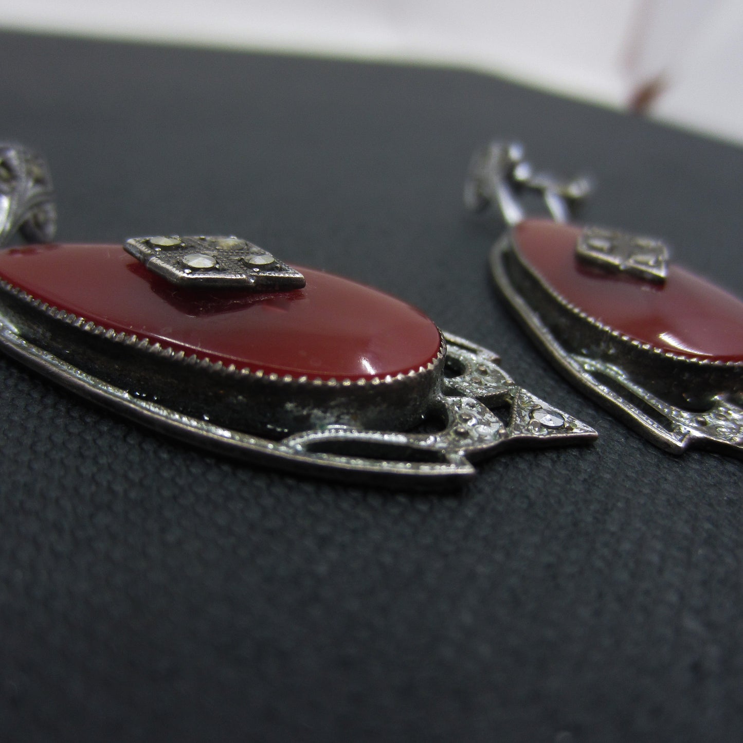 SOLD - Art Deco Marcasite and Carnelian Drop Earrings Sterling c. 1920