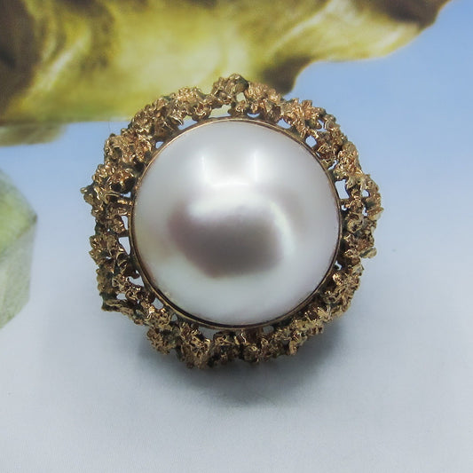 MidCentury HUGE Mabe Pearl Cocktail Ring 14k c. 1960