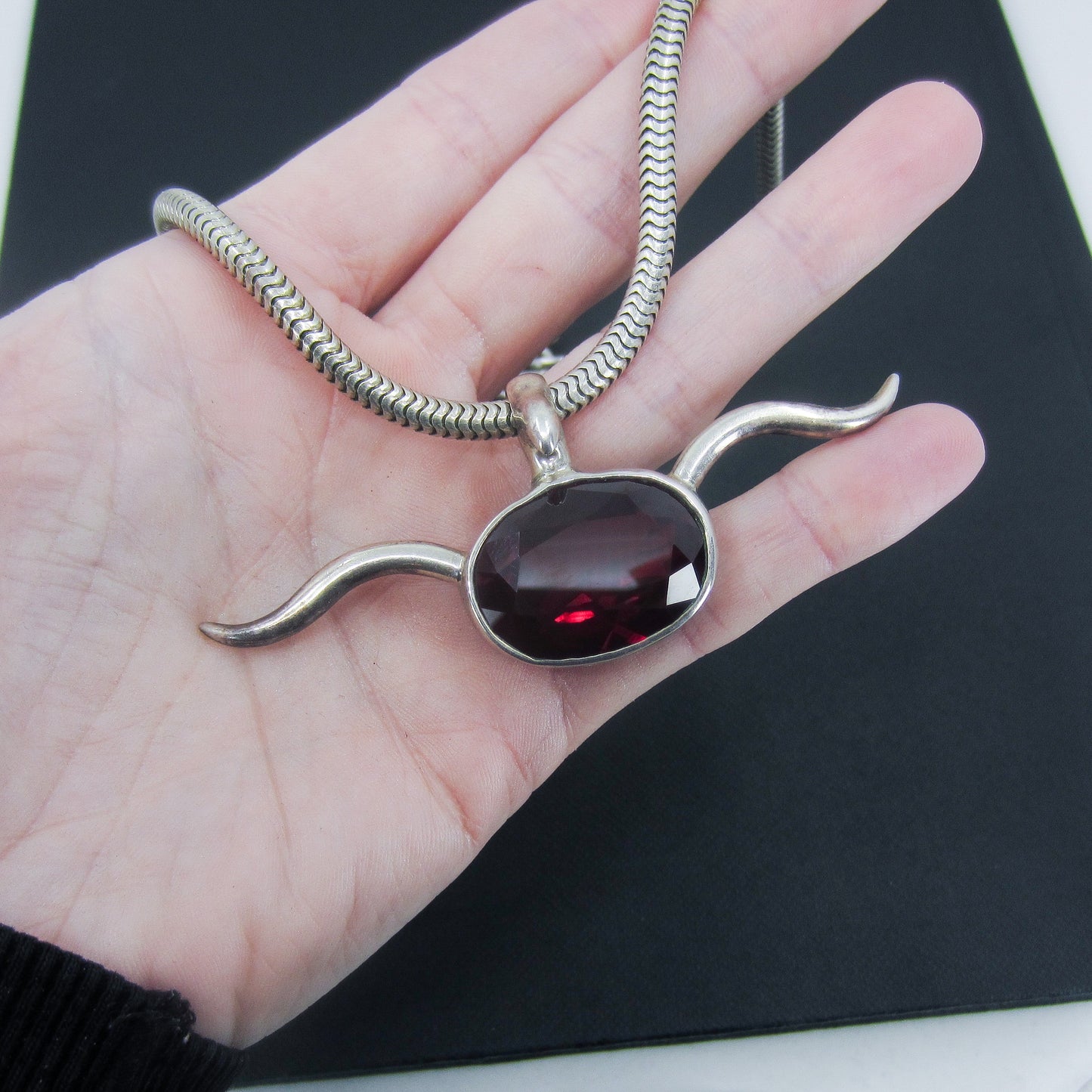 Post-Modern Synthetic Ruby Horn Necklace Sterling, Michael Spirito c. 2000's