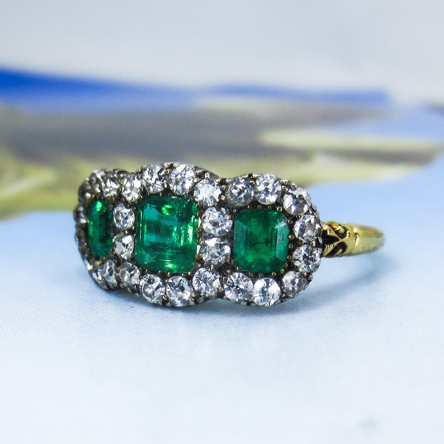 SOLD--Incredible Victorian Emerald and Diamond Cluster Ring Silver/18k c. 1850