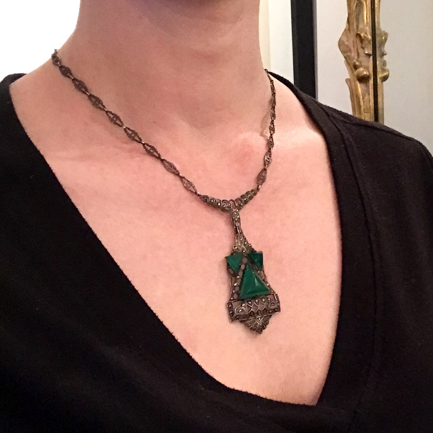 SOLD--Art Deco Marcasite and Chalcedony Necklace Sterling, Germany c. 1930